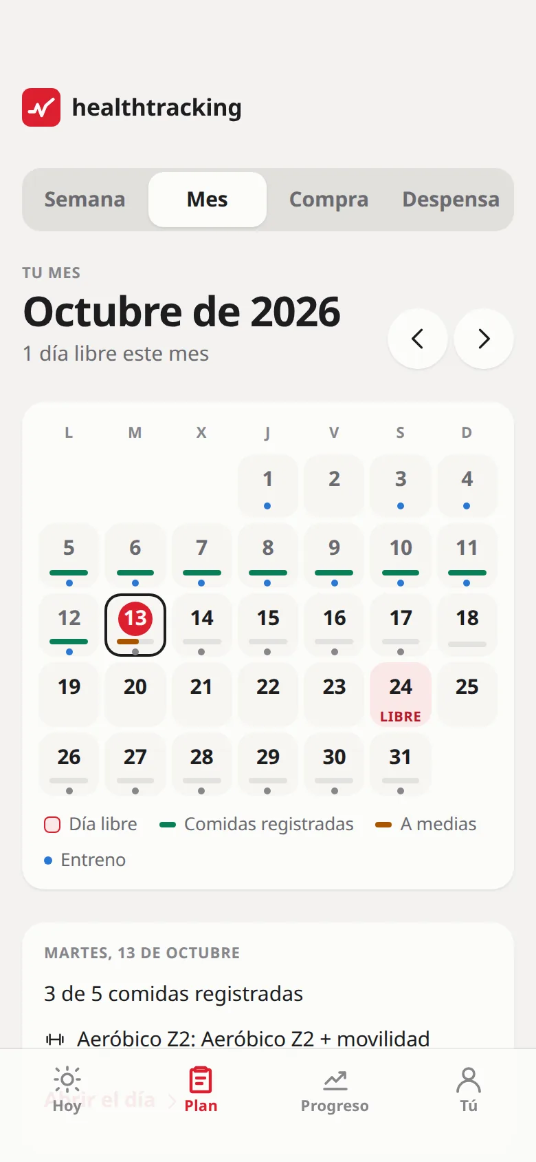 Calendario del mes con un día libre