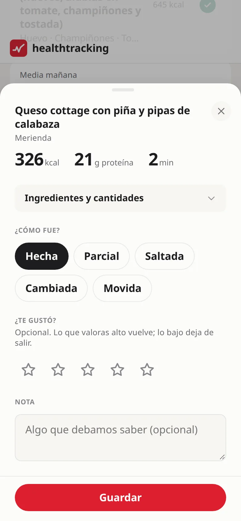 Hoja para registrar cómo fue una comida