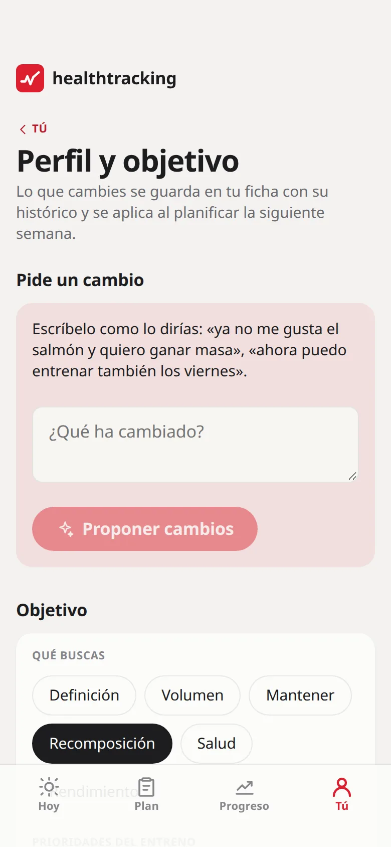 Pantalla Perfil y objetivo de la app