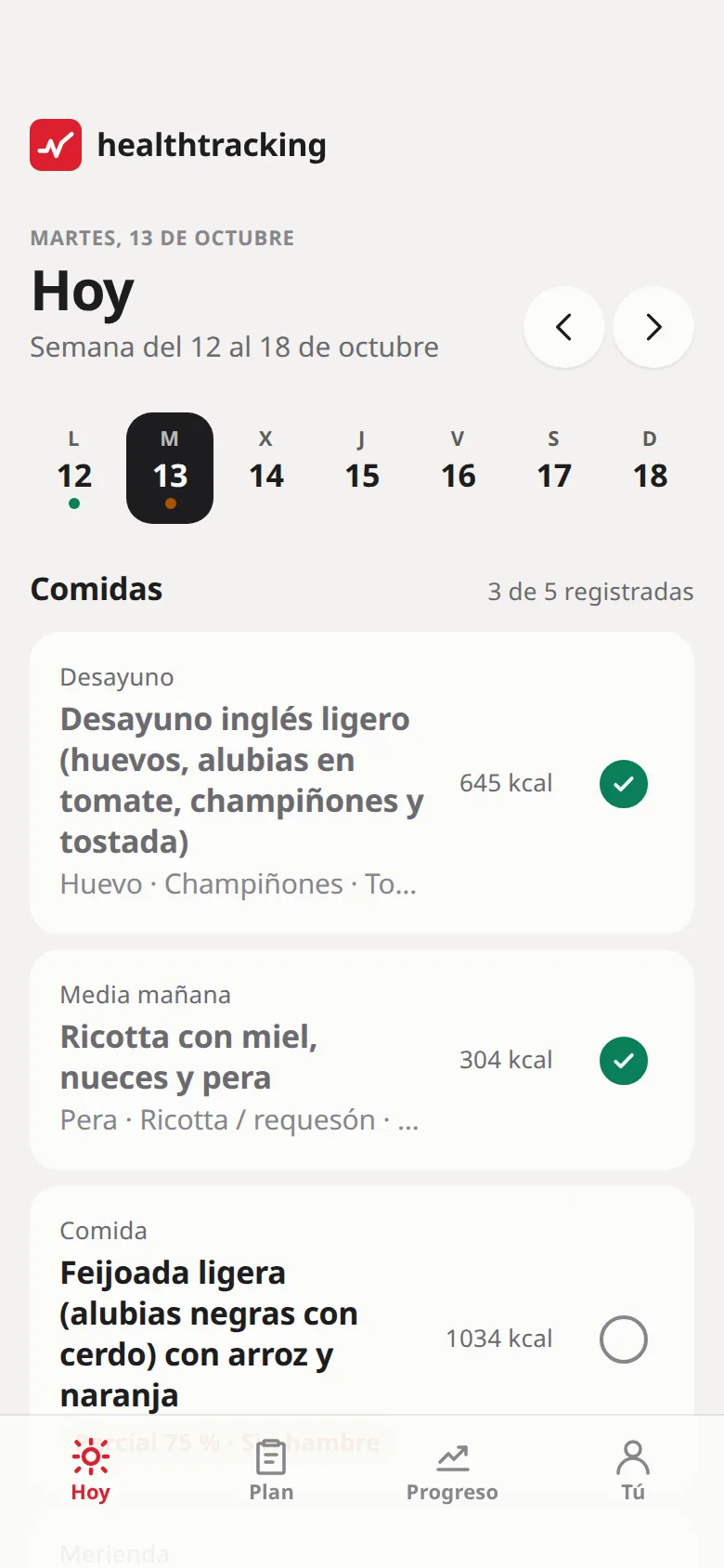 Pantalla Hoy de la app con las comidas del día